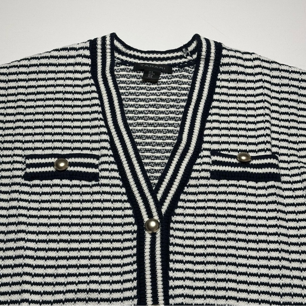 Tahari Knit V-Neck Cardigan; Black/White Stripes; Silver Accents - Women Medium - Picture 3 of 15